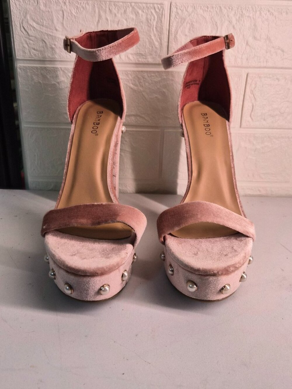 Bamboo Size 9 Pink Velvet Pearl Platform Chunky Block Heel Y2K Glam Coquette